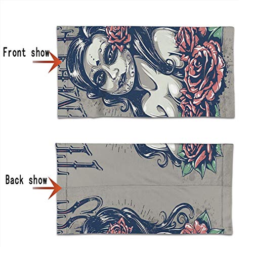 Outdoor Headband Skulls Decorations Collection Day Of Dead Girl With Tattoos On Her Face Roses Lady Witch Woman Timeless Sign Art Grey Black Scarf Neck Gaiter Face Bandana Scarf Head Scarf