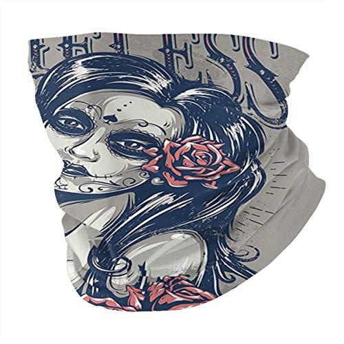 Outdoor Headband Skulls Decorations Collection Day Of Dead Girl With Tattoos On Her Face Roses Lady Witch Woman Timeless Sign Art Grey Black Scarf Neck Gaiter Face Bandana Scarf Head Scarf