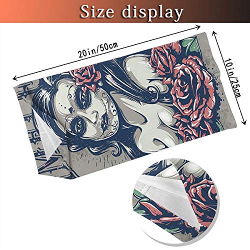 Outdoor Headband Skulls Decorations Collection Day Of Dead Girl With Tattoos On Her Face Roses Lady Witch Woman Timeless Sign Art Grey Black Scarf Neck Gaiter Face Bandana Scarf Head Scarf