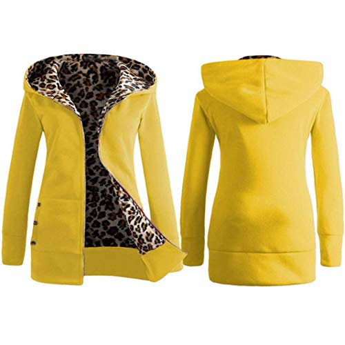 Overdose Las Mujeres MáS De Terciopelo Engrosada con Capucha Linda Dama SuéTer Leopard Cremallera Capa con Capucha Sudadera (Large, Amarillo)