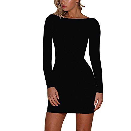 OverDose mujer De Manga Larga O-Neck Blackless Sexy Shiny Bodycon Ladie Licor Evening Carnaval Party Club Mini Vestido (S, Negro)