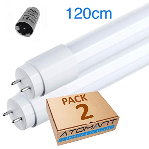 Pack 2x Tubo LED 120 cm, 18w. Color Blanco Frio (6500K). Standard T8 G13. 1800 lumenes reales. Cebador LED incluido.