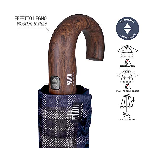 Paraguas Plegable Hombre Escoces Azul Mango Curvo - Mini Estampado Cuadros - Resistente Ligero - Antiviento Fibra Vidrio - Abre Cierra Automatico - PFC Free - Ø 104 cm - Perletti Technology (Azul)