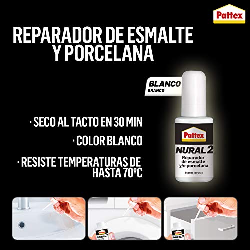 Pattex Nural 2 Reparador de esmalte y porcelana, esmalte permanente blanco para desconchados, golpes y rozaduras, esmalte profesional con múltiples aplicaciones, 1 x 50 g