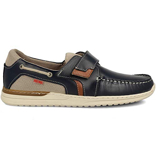 PAYMA - Zapatos Casual Hombre de Piel. Náuticos Deportivos. Plantilla e Interior Acolchado. Piso de Goma. Cierre Cordones o Velcro. Marrón y Azul Marino. Tallas Grandes