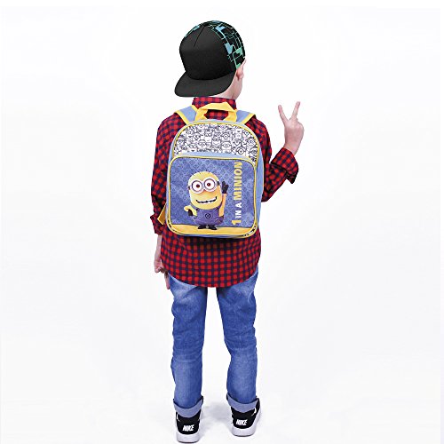 PERLETTI - Mochila de Niño Niña de Mi Villano Favorito Azul Amarillo - Bolso Escolar con Bolsillo Frontal Estampado Bob de Los Minions - Bolsa Escuela Viaje con Tirantes Regulables - 30x24x6,5 cm