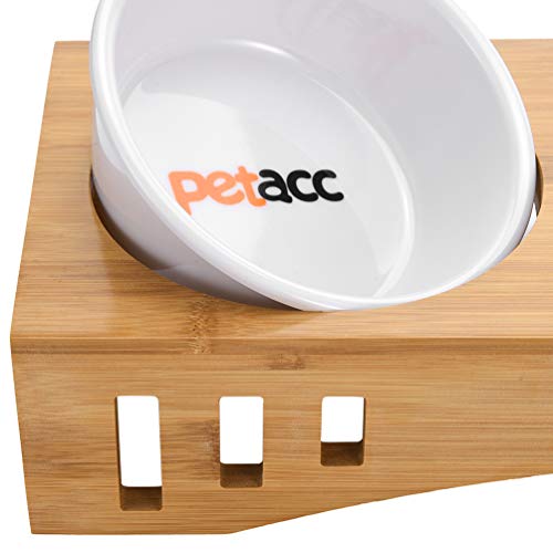 Petacc Comedero para Gatos Tazón Elevado para Mascotas Combinado con Soporte de Bambú y Cuencos de Melamina (2 Cuencos)