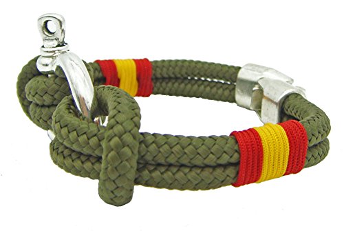 Pi2010 - Pulsera náutica con grillete/Verde Militar/Bandera España Trenzada/Unisex / 19cm /recomendamos medirse la muñeca para calcular Talla/Hecho a Mano en España/Cierre zamac/Grosor 4mm