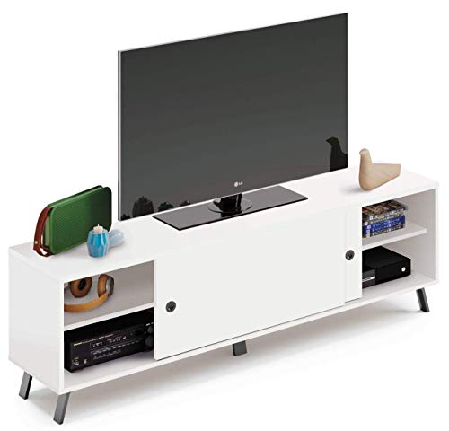 Pitarch Mesa TV Blanca Estilo Moderna 2 Puertas correderas 1 Estante salón Comedor Kamet Mueble 52x160x40 cm