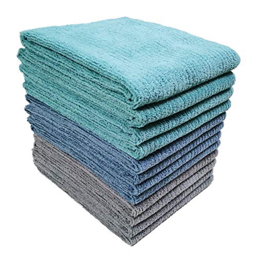 Polyte - Paño multiusos de cocina - Microfibra de tela de toalla acanalada - Premium - Azul, gris, verde azulado - 40,6 x 71,1 cm - Pack de 12