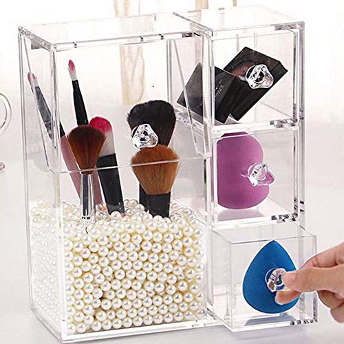 Portaescobillas de Maquillaje, Organizador de Maquillaje acrílico con 2 portaescobillas y 3 cajones Caja a Prueba de Polvo con Perla Rosa Gratis para encimera de tocador de baño