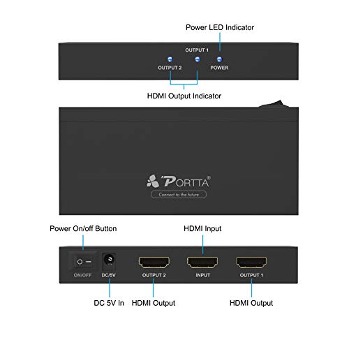 Portta HDMI Splitter 4K 2 Puertos 1 Entrada 2 Salida 1X2 V2.0 Switch HDMI Distribuidor Ultra HD Full 3D 4K@60HZ HDR HDCP2.2 Amplificador para BLU-Ray DVD/HDTV/PS3/PS4 Pro/Xbox 360/One/PC/macbook/Roku