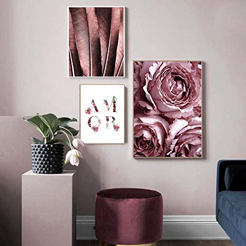 Póster de Moda escandinavo, Pluma de Flor Rosa, Estilo nórdico, Arte de Pared, Lienzo Impreso, Pintura, decoración Moderna para Sala de Estar, Imagen