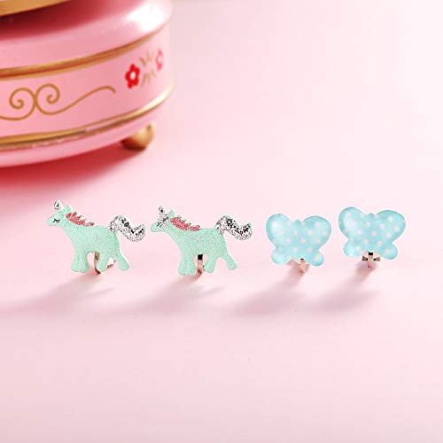 Powerking Aretes con Clip para niñas, aretes de joyería para niñas y aretes de Vestir de Princesa para niños, 6 Pares (Girl Earring-Unicorn)