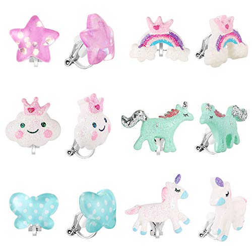 Powerking Aretes con Clip para niñas, aretes de joyería para niñas y aretes de Vestir de Princesa para niños, 6 Pares (Girl Earring-Unicorn)