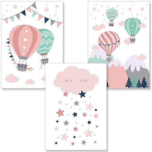 PREMYO Cuadros Infantiles Habitación Niña - Láminas Decorativas para Enmarcar - 3 Póster Globo Aerostático Nube Rosa A4