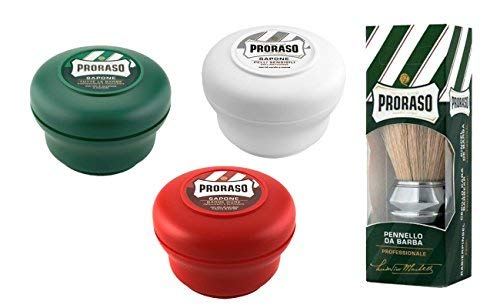 Proraso Brocha de Afeitar Profesional + 3 x Jabón de Afeitar Proraso: Verde, Blanco y Rojo.