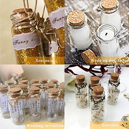 Pulluo 50+2pcs Mini Botellas de Cristal 5 ml Botes de Cristal con Tapón de Corcho Botellas de Vidrio con 30 m Cuerda Tornillos de Ojo Botella de Mensaje Manualidad Decorando Bodas Bautizos Comuniones