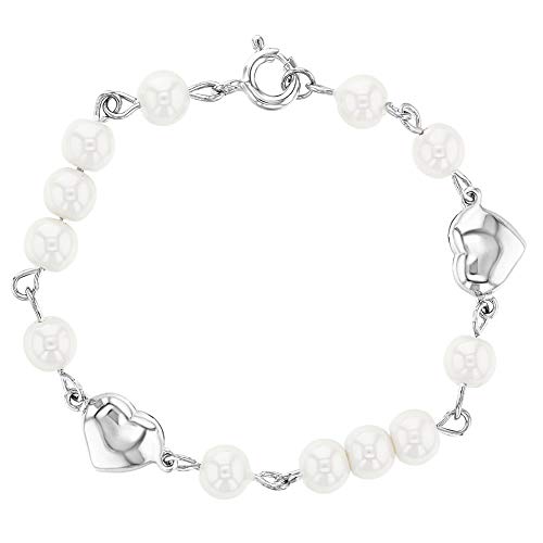 Pulsera de plata de ley 925 con corazón y perla de imitación blanca para niña de 5 cm