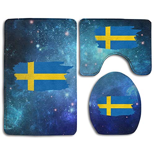 qinzuisp Floor Mat Juego De Alfombrillas De 3 Piezas con Bandera Sueca, Cubierta De Asiento De Inodoro Interior Antideslizante para Cocina, Baño De Bienvenida, Alfombra De Baño Moderna, Cub