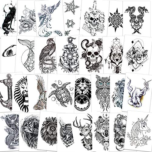 Qpout 30 Tatuajes Temporales de Brazo para Hombres/Mujeres, tatuajes de brazo negro a prueba de agua pegatina cráneo/lobo/mamba serpiente/búho/cabeza de toro/tiburón/ciervo/unicornio/remo/flores