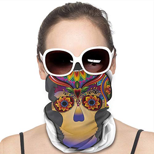 Q&SZ Sweatshirt Outdoor Headband Tattoo Decor Hippie Happy Dead Flower Skull with Its Colorful Designes Burts and Flowers Art Multi Scarf Neck Gaiter Face Bandana Scarf Head Scarf