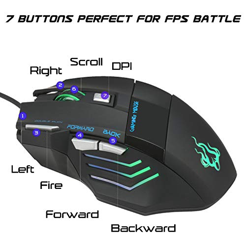 QueenDer Ratón Gaming, Ratones Gaming Profesional con Cable USB Gaming Mouse Óptico, 4 dpi Adjustables y 7 Botón Compatible con Windows 7, 8, 10, XP, Vista, ME, 2000 y Mac OS - Negro