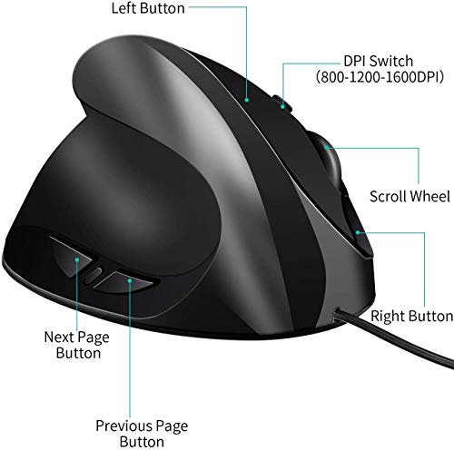 Ratón Ergonómico Ratón Vertical Silencioso Ratón Con Cable 3200-2000-1200-800 DPI USB Ratón Gaming Para Computadora Portátil De Escritorio Windows 10/8/7/xp/mac/macbook Pro/air/hp/acer 5 Botones Negro