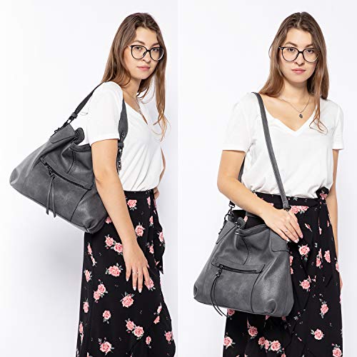 Realer Bolsos de Mujer Hobo Casual Grande Bolso Bandolera Polipiel Bolso Tote Bolso de Hombro Shopper Bolso de Cuero Sintetico Gris Oscuro