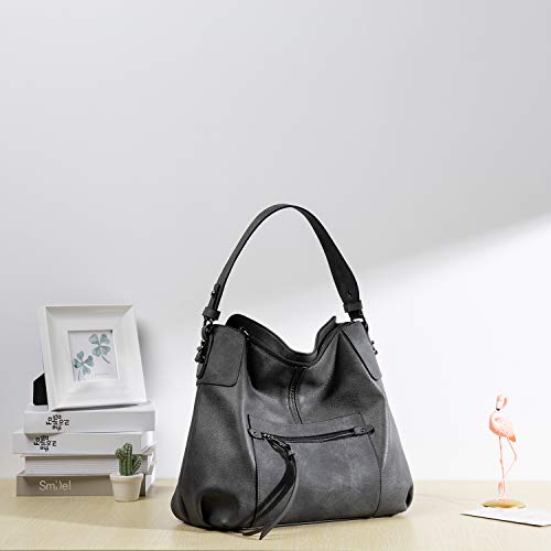 Realer Bolsos de Mujer Hobo Casual Grande Bolso Bandolera Polipiel Bolso Tote Bolso de Hombro Shopper Bolso de Cuero Sintetico Gris Oscuro