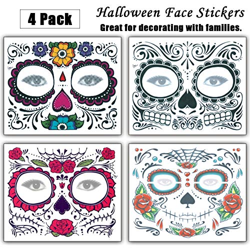 Regalos de Navidad Halloween Cara Tatuaje Pegatinas 4Pcs, Calcomanía temporal del tatuaje del maquillaje del tatuaje del cráneo de la moda para el partido de la mascarada de la Navidad