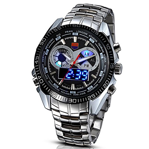 Reloj de pulsera LED para hombre, hora digital y analógica, estilo militar, impermeable y de acero con caja.