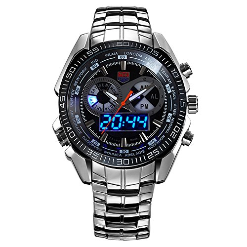 Reloj de pulsera LED para hombre, hora digital y analógica, estilo militar, impermeable y de acero con caja.