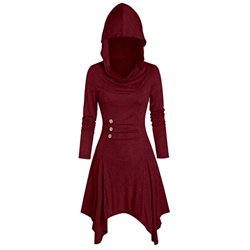 ReooLy Disfraces de Mujer con Cordones y Capucha Vintage Pullover High Low Vendaje Vestido Largo Capa(S,Vino)