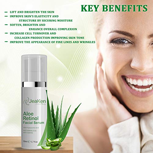 RETINOL SERUM FACIAL PIEL MIXTA - Botella de 50 ml Aloe Serum Retinol Puro - Retinol Puro Para La Cara - Fórmula Antienvejecimiento Para Arrugas, Líneas Finas Con Ácido Hialurónico y Vitamina E