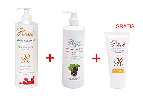 REVE PACK 2 LOCIONES CORPORALES + PROTECCIÓN (1 LECHE CORPORAL 500 ML ROSA MOSQUETA + 1 LECHE CORPORAL VINOTERAPIA 500 ML) + 1 CREMA HIDRATANTE PROTECCIÓN 50 DE REGALO