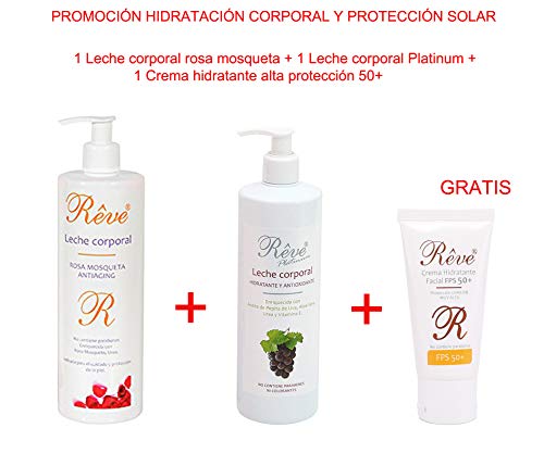 REVE PACK 2 LOCIONES CORPORALES + PROTECCIÓN (1 LECHE CORPORAL 500 ML ROSA MOSQUETA + 1 LECHE CORPORAL VINOTERAPIA 500 ML) + 1 CREMA HIDRATANTE PROTECCIÓN 50 DE REGALO