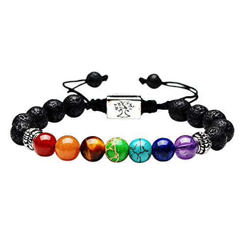 RIVERTREE - Pulsera 7 chakras con cuentas de lava negra y cuerda trenzada, unisex, 8 mm 9 inches