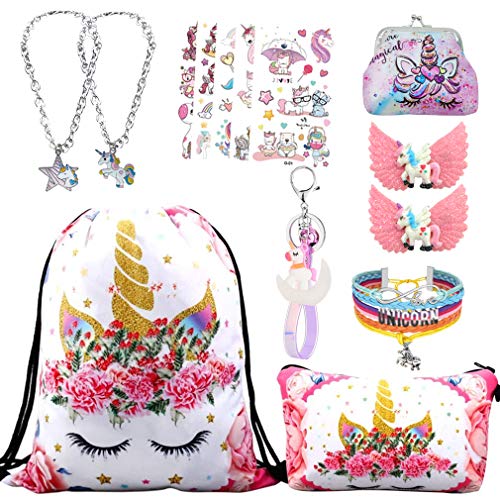 RLGPBON Pack 5 Unicornios Mochila con cordón/Maquillaje Bolsa/Collar de Cadena de aleación/Pulsera/5 Piezas de Lazos para el Cabello Unicornio/Unicornio Drawstring Gift para niñas