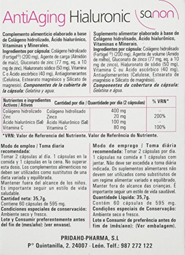 Sanon Nutricosmetica, Anti envejecimiento con Hialuronic, 60 Cápsulas. 595 mg