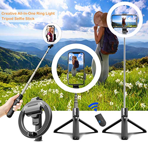 Selfie Aro de Luz 6.6" con Trípode y Soporte para Movil,3 en 1 Portátil Palo Selfie Trípode con Remoto,Luz de Anillo LED 3 Colores Regulables 19-92cm Extensible para TikTok Live Stream Maquillar