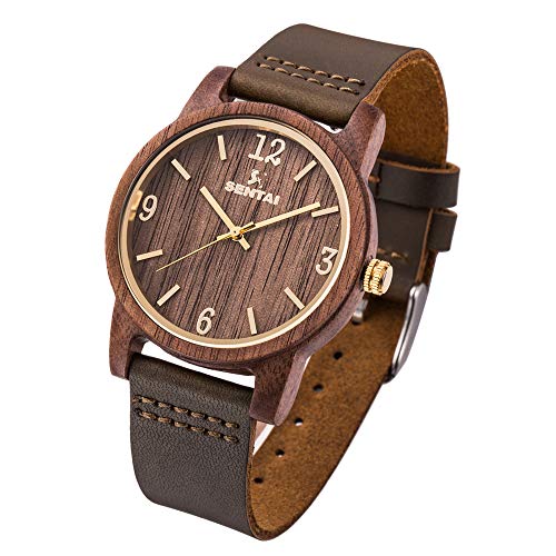 Sentai Madera de Nogal Reloj de Pulsera Relojes de Correa de Piel Hecho a Mano Ligero Unisex Reloj de Pulsera Artesanal de Cuarzo para Mujer y Hombre