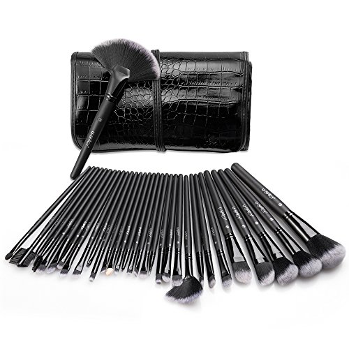 Set de 32 pinceles para maquillaje profesional USpicy y bolsa de viaje de alta gama. Fibras sintéticas flexibles, suaves y fáciles. Para todo tipo de maquillaje. Idea regalo.