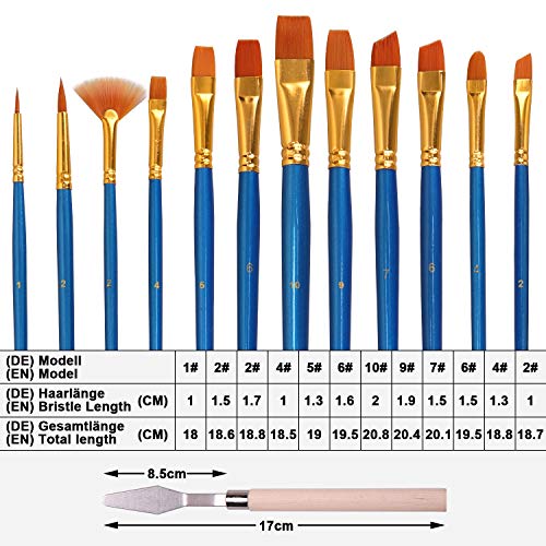 Set de pinceles, incluye 12 pinceles, 2 paletas, 1 cuchillo de paleta, pinceles para acrílico, acuarela, pintura al óleo, niños, principiantes, artistas, amantes de la pintura (azul)