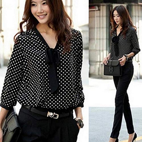 SHOBDW Mujeres Primavera Verano Tallas Grandes de Manga Larga Suelta con Cuello en v Gasa Bowknot Camisa Casual Dots Moda Oficina Señoras Camisa Blusa(Negro,XL)