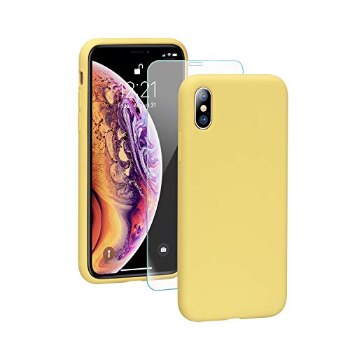 SmartDevil Funda para iPhone XS MAX +Vidrio Templado, [Totalmente Protector] Funda de Goma de Gel de Silicona Líquida a Prueba de Golpes Funda.Microfibra Suave Forro Cojín para iPhone XS MAX-Amarillo