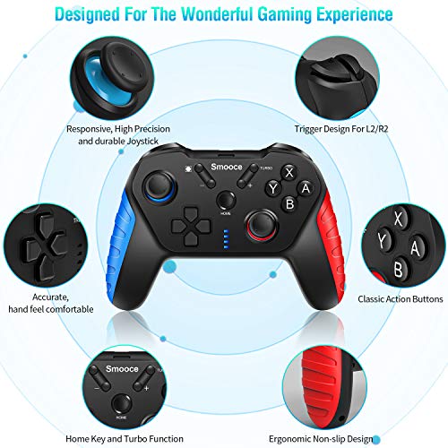 Smooce Mando para Nintendo Switch,mando pro switch inalámbrico ,somatosensorial de 6 ejes, turbo función ajustable, motor de doble vibración, joystick multifunción para juegos de Nintendo Switch