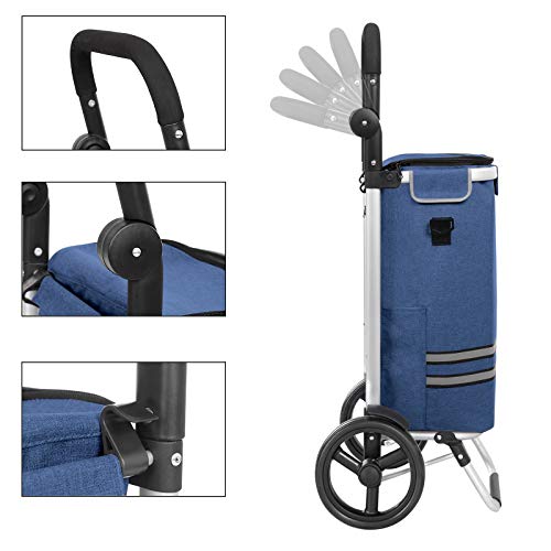 SONGMICS Carro de Compra, Plegable, con Bolsa de Refrigeración Aislante, Carro de Equipaje con Ruedas, Mochila Desmontable, Gran Capacidad, Multifuncional, Sólido, Azul KST02BU