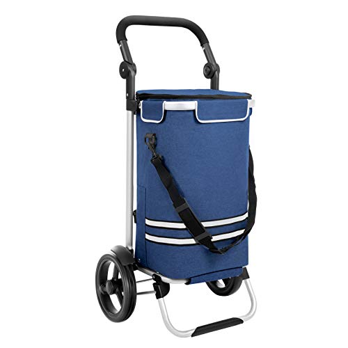 SONGMICS Carro de Compra, Plegable, con Bolsa de Refrigeración Aislante, Carro de Equipaje con Ruedas, Mochila Desmontable, Gran Capacidad, Multifuncional, Sólido, Azul KST02BU