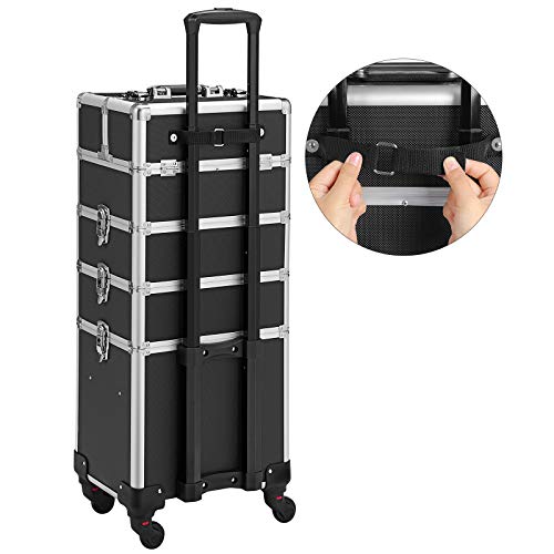 SONGMICS Estuche de Maquillaje Profesional, Carrito de Belleza para Viajes 4 en 1, Carrito de Cosméticos Grande para Peluqueros, Enrollable con Llave y Ruedas Universales de 360 Grados, Negro JHZ11BK